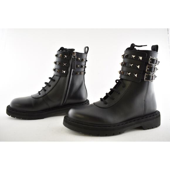 Valentino Rockstud Combat 20 Black Leather Stud Short Biker Ankle Flat Boot 36.5 - Picture 9 of 12